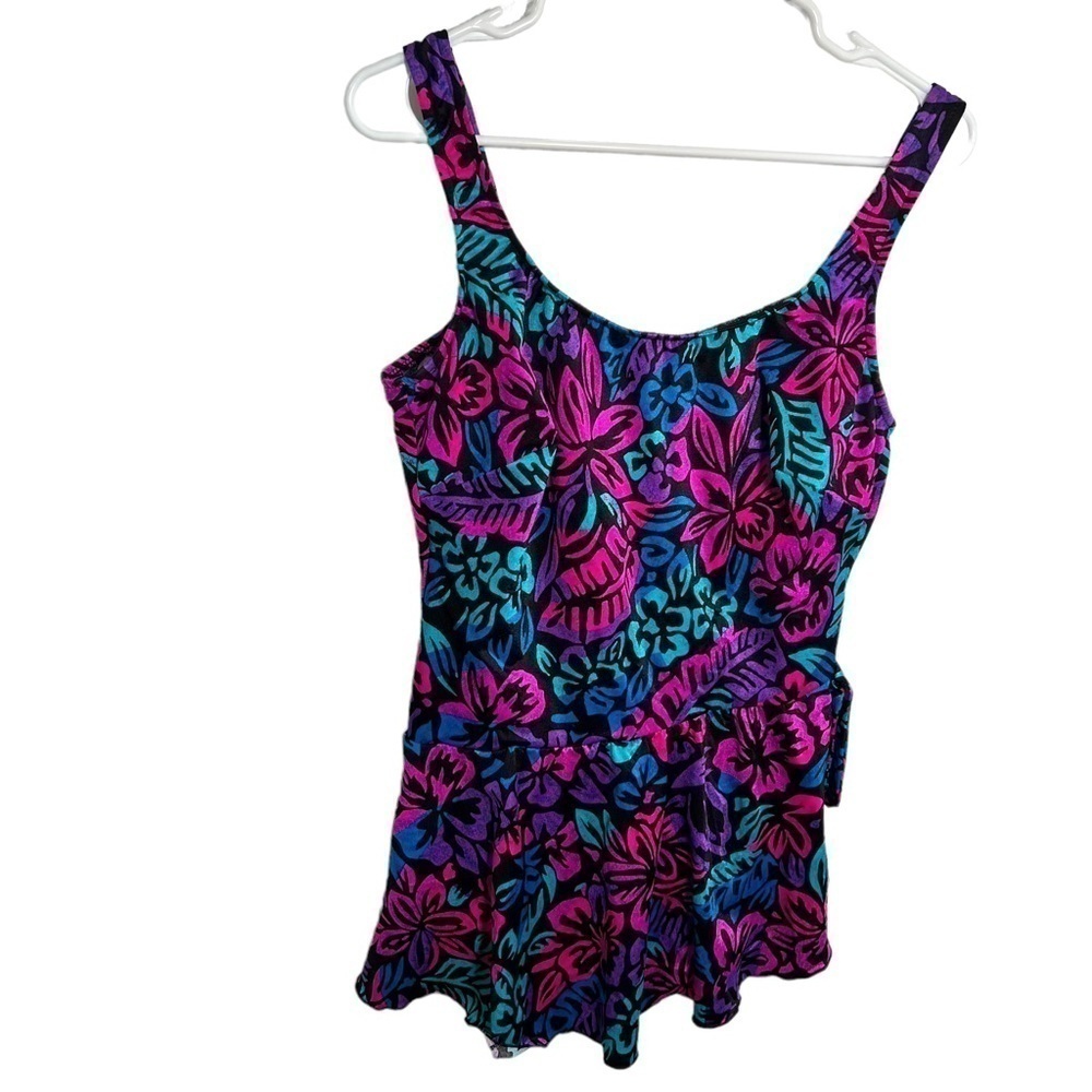 Vintage Maxine of Hollywood Women's One Piece Swimsuit Black Pink Neon Floral